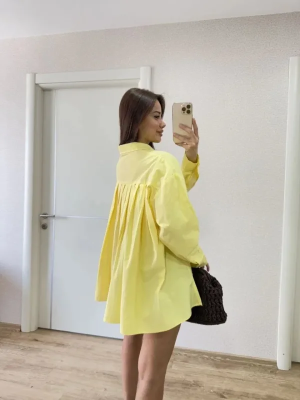 Qadın Sarı Poplin Yandan Yırtmaçlı Arxa Pens Detallı Köynək 5