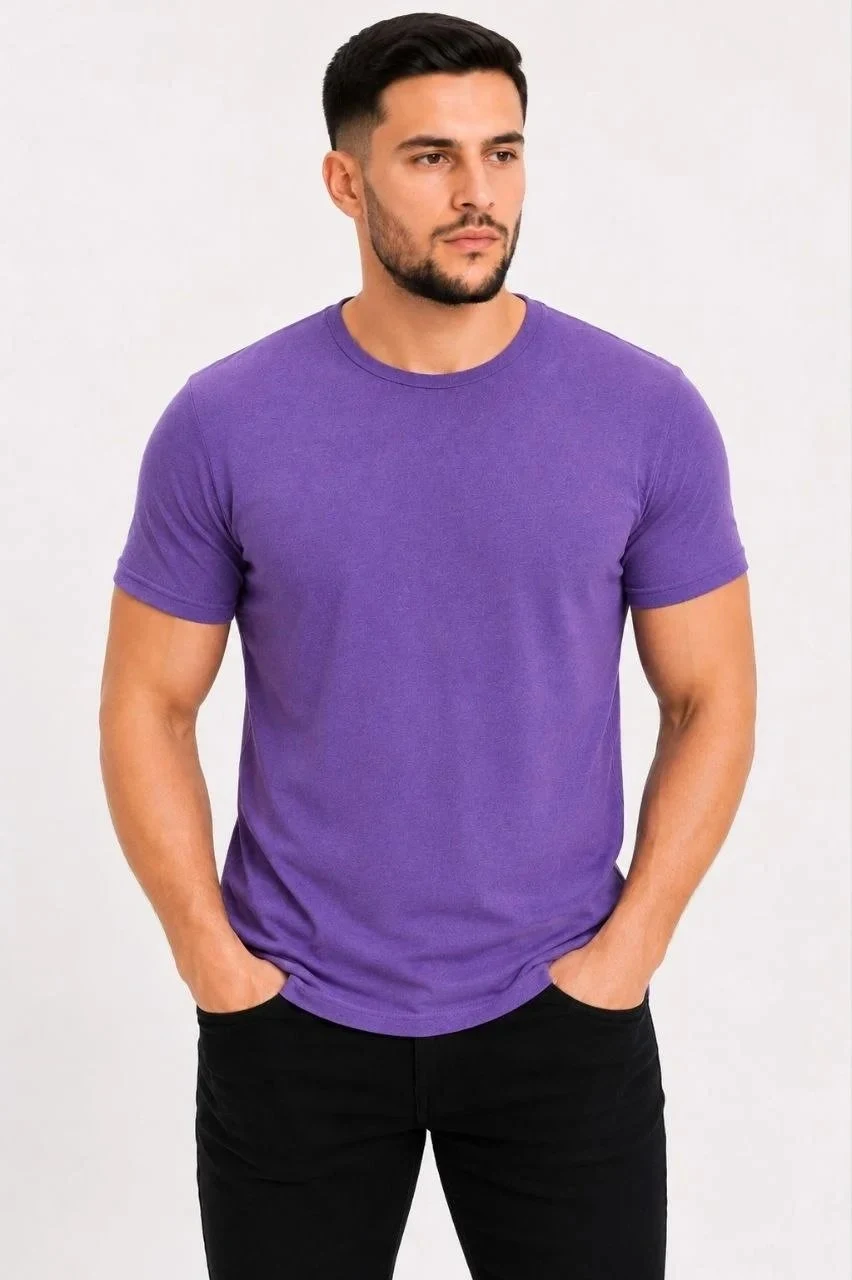Ανδρικό Μωβ Slim Στρογγυλό Λαιμό Κοντό Μανίκι Basic Μπλουζάκι