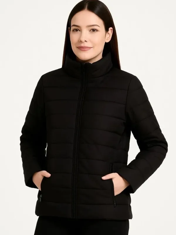 Women's Black Waterproof Quilted Lined Zippered Bomber Jacket 3