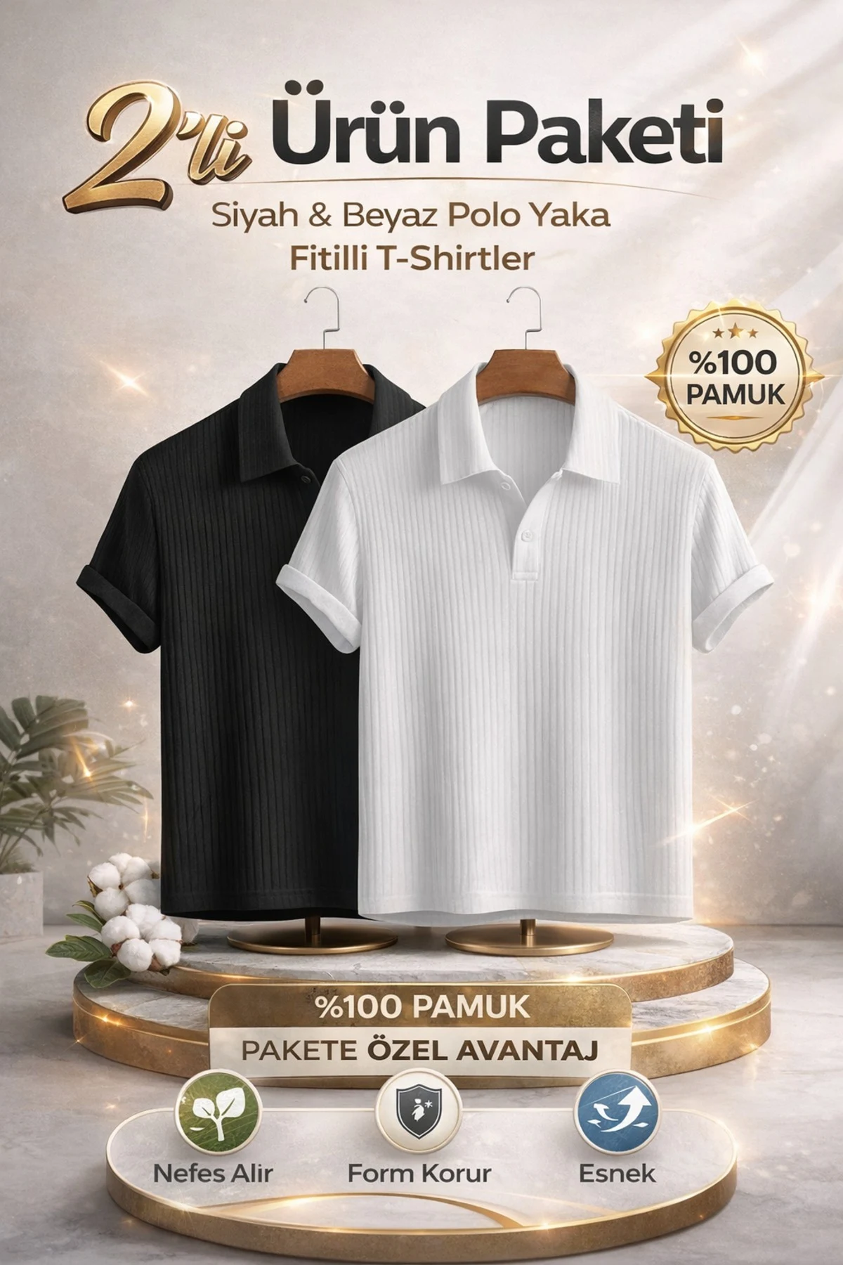 Black White 2-Pack Men's Oversize Ribbed Polo Neck