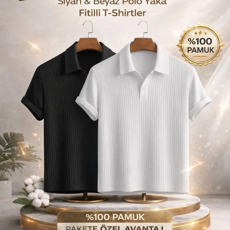Czarny biały 2-pak męski oversize prążkowany polo golfowy