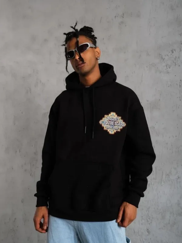 Men's Black Oversize 3-Thread Cotton Hooded Printed Sweatshirt with Pockets 4