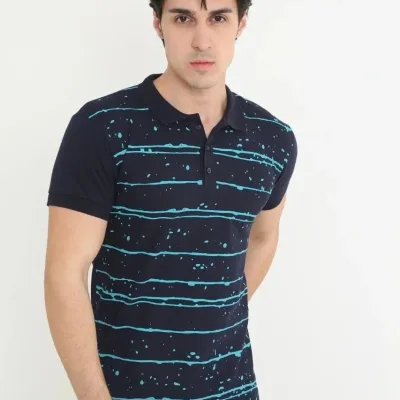 Kişi Tünd Göy Slim Fit Pike Zolaqlı Qısa Qol Polo Köynək 1