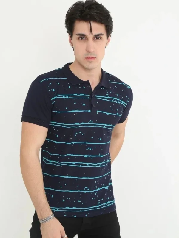 Kişi Tünd Göy Slim Fit Pike Zolaqlı Qısa Qol Polo Köynək 1