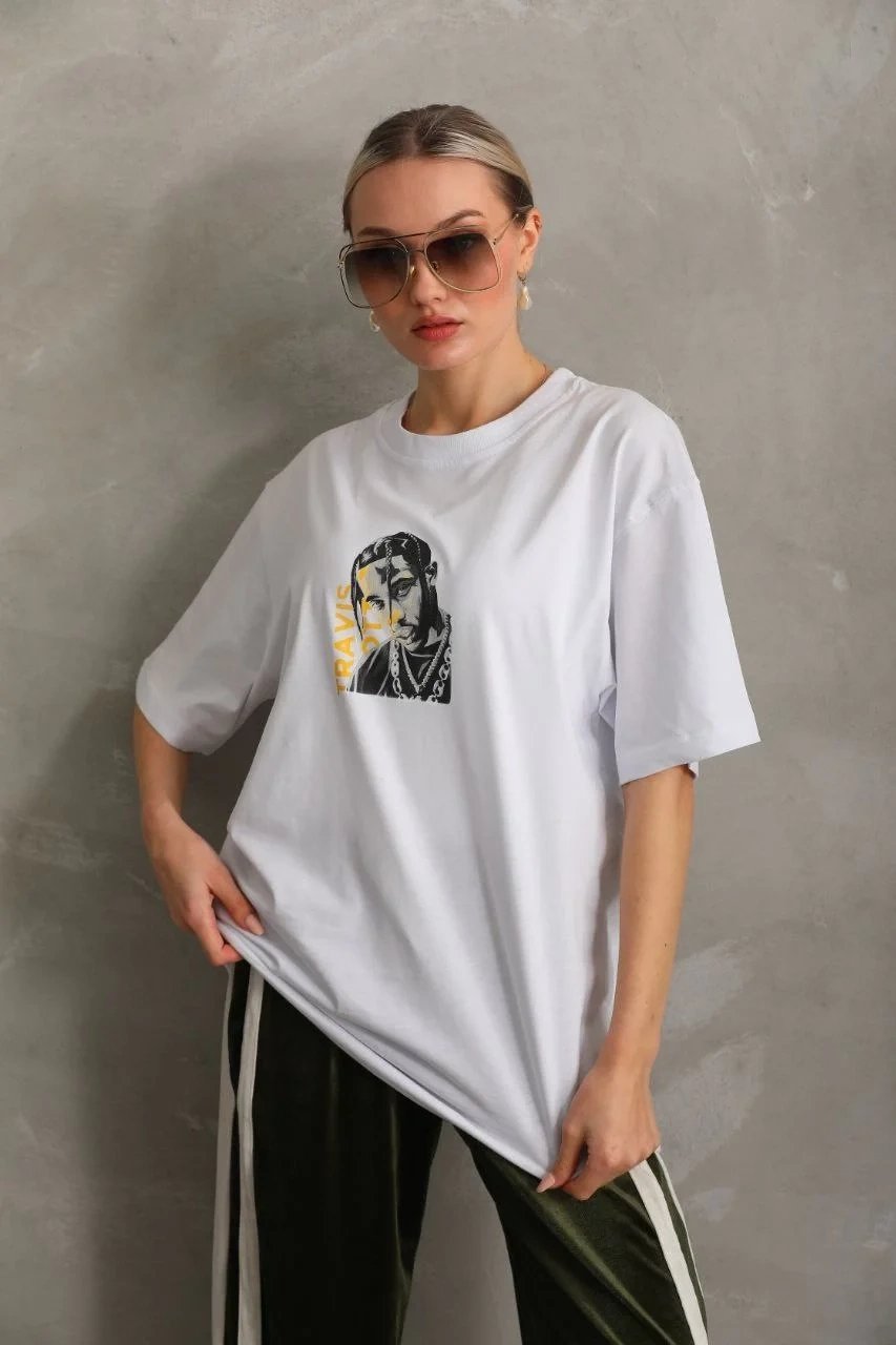 Γυναικείο Λευκό Oversize Στρογγυλό Λαιμό Τυπωμένο T-Shirt 6