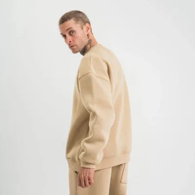 Férfi Bézs Hosszú Ujjú Kerékpárnyakú 3 Szálas Pamut Vastag Sweatshirt 4