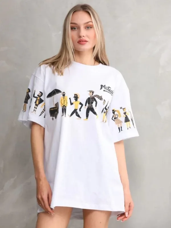 Ženska bela oversize biciklistička kragna printovana majica 1