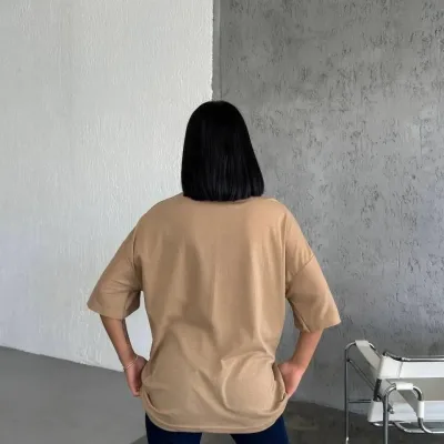Kobiecy Beżowy Oversize Rowerowy Kołnierz Gładki Krótki Rękaw T-shirt 2
