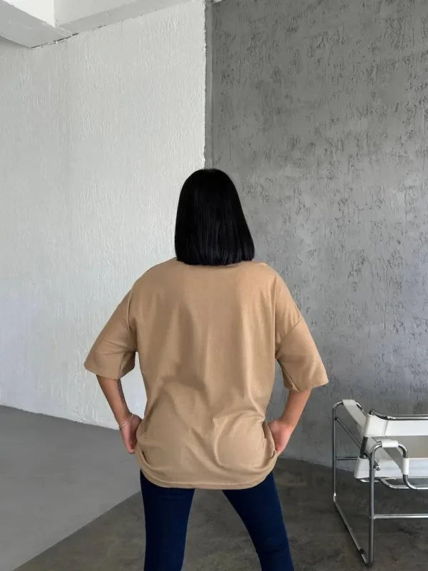 Kobiecy Beżowy Oversize Rowerowy Kołnierz Gładki Krótki Rękaw T-shirt 2
