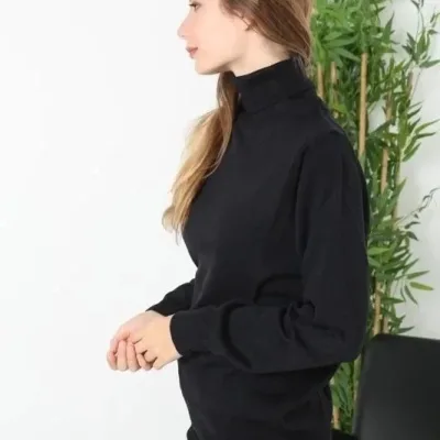 Women's Black Full Turtleneck Long Sleeve Plain Knit Sweater 2