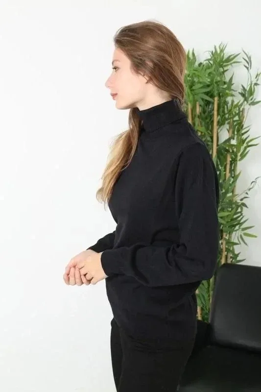 Women's Black Full Turtleneck Long Sleeve Plain Knit Sweater 2
