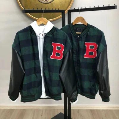 Men's Khaki Gingham Pattern Embroidered College Jacket 3