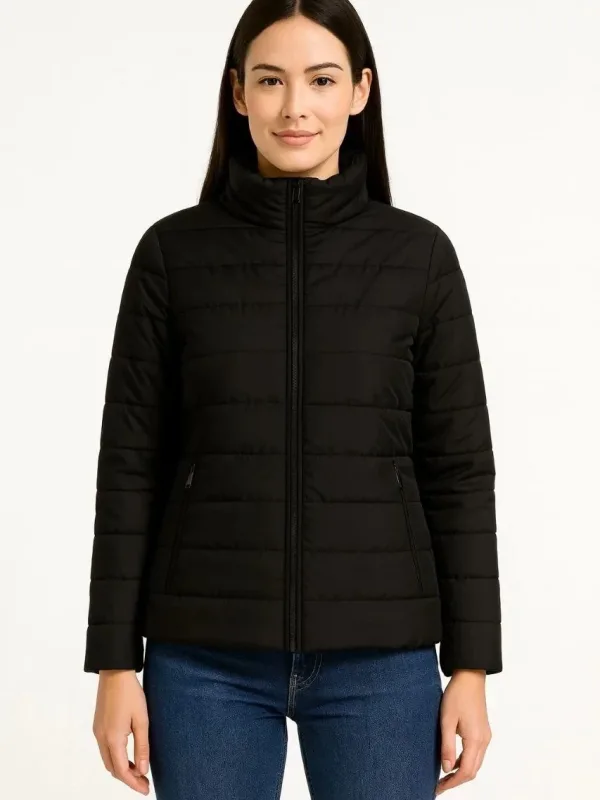 Women's Black Waterproof Quilted Lined Zippered Bomber Jacket 7