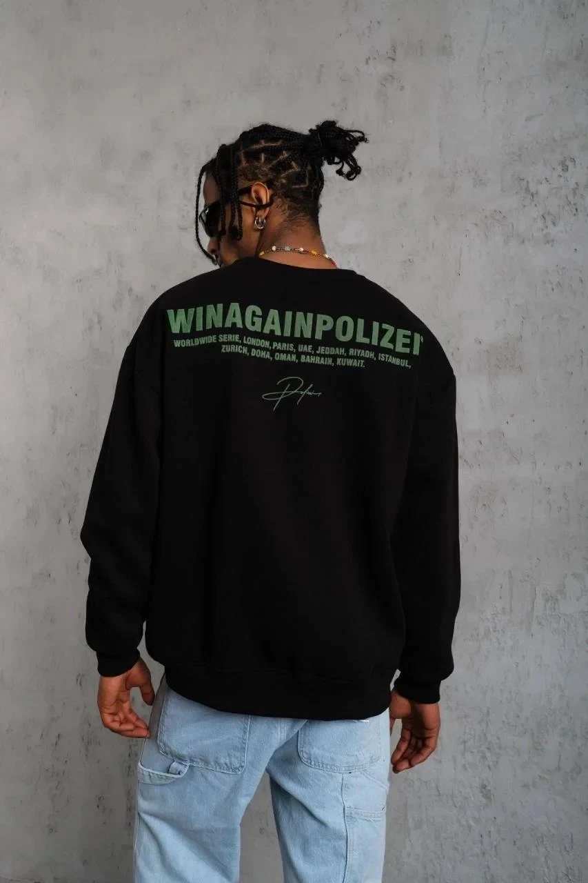 Men's Black Oversize Crew Neck 3-Thread Cotton Printed Sweatshirt