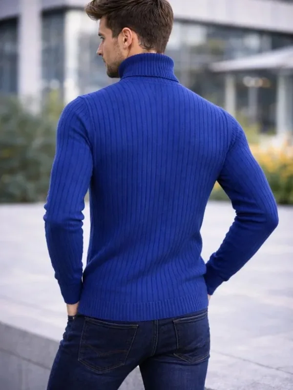 Pánský indigo regular fit silný žebrovaný rybářský výstřih triko svetr 2
