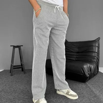 Muške sive ljetne pantalone sa prugama i džepovima 4