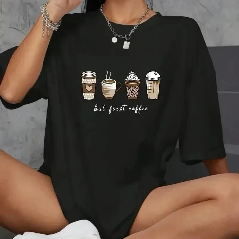 Women's Black Oversize Bicycle Neck Coffee Pattern Printed T-Shirt