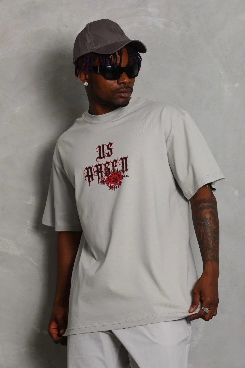 Ανδρικό Γκρι Oversize Στρογγυλό Λαιμό Τυπωμένο Τ-Shirt