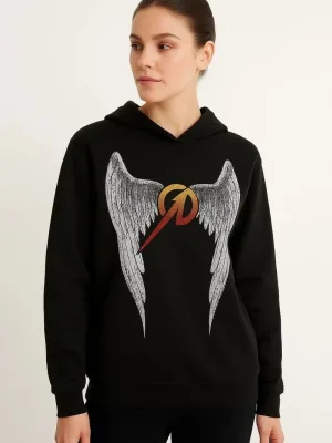 Męski Czarny Oversize Kaptur Przód Tył Nadruk Sweatshirt