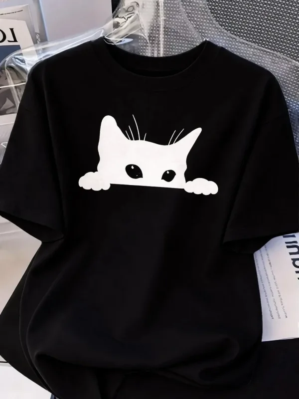 Dámske čierne oversize tričko s potlačou mačky, priedušné 1