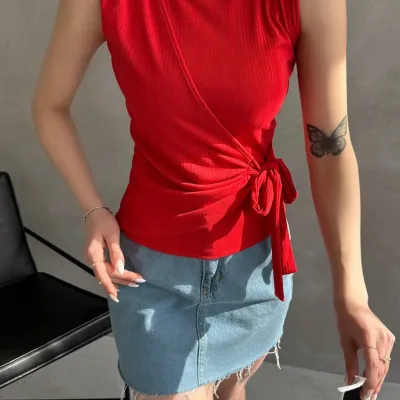 Strap Front Cross Tie Blouse Red 3
