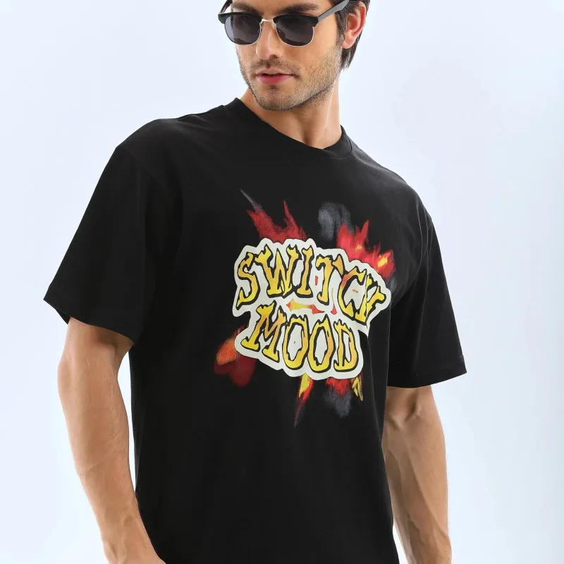 Muški Crni Oversize Bicikli Kragna Print Ljetna Majica
