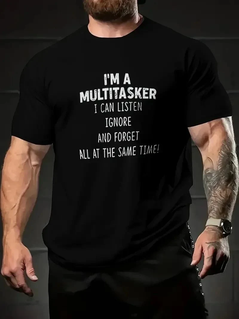 Férfi Fekete Vicces Multitasker Nyomott Rövid Ujjú Póló