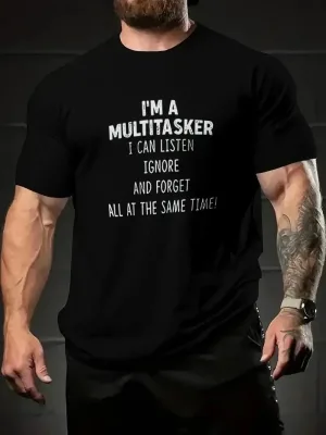 Férfi Fekete Vicces Multitasker Nyomott Rövid Ujjú Póló