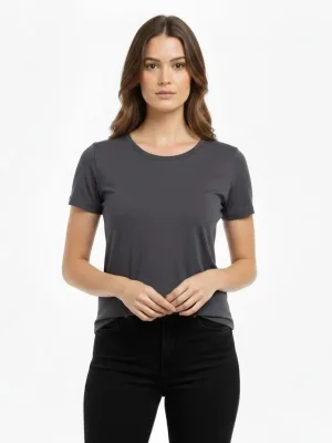 Damski dymiony slim fit T-shirt z dekoltem w serek, elastyczny, podstawowy