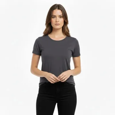 Damski dymiony slim fit T-shirt z dekoltem w serek, elastyczny, podstawowy 1