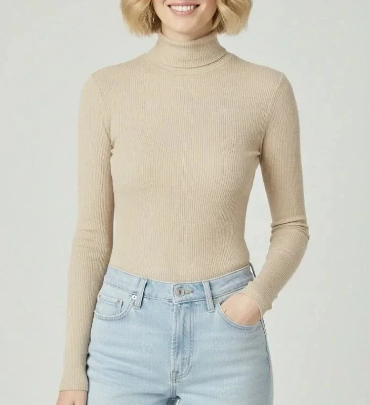 Women's Beige Turtleneck Corduroy Stretch Thin Long Sleeve Bodysuit