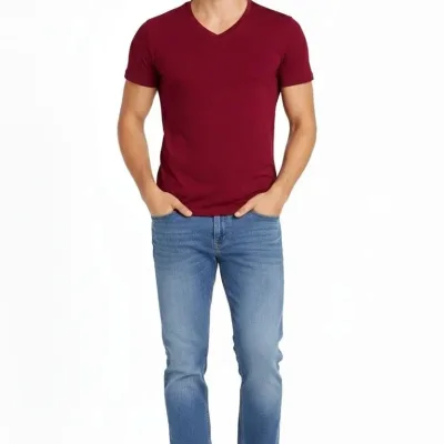 Kişi Bordo Slim Fit Likralı V Yaka Qısa Qol Köynək 2