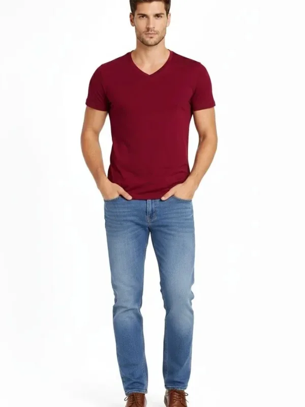 Kişi Bordo Slim Fit Likralı V Yaka Qısa Qol Köynək 2