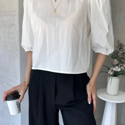 Melon Sleeve Back Bow Detail Poplin Blouse White 3