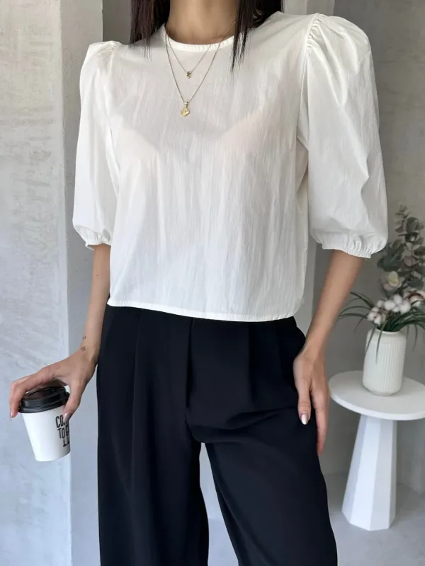 Melon Sleeve Back Bow Detail Poplin Blouse White 3