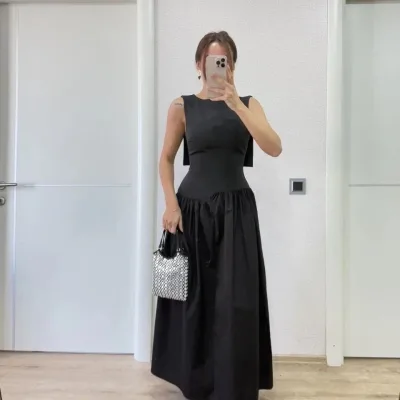 Women's Black Back Wing Detail Front Dart Long Dress 5