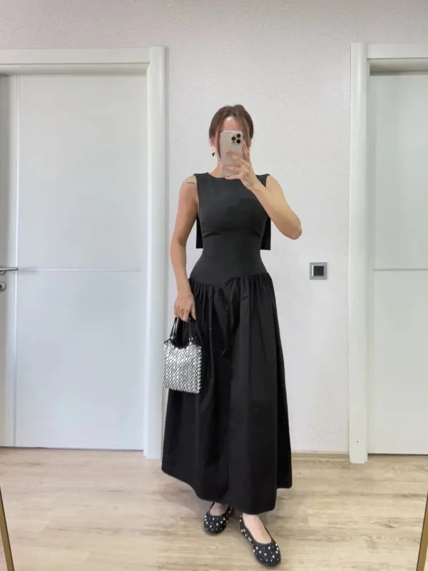 Women's Black Back Wing Detail Front Dart Long Dress 5