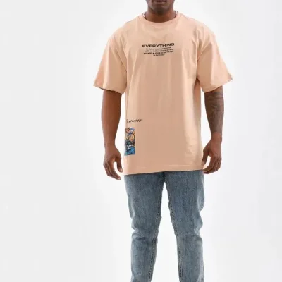 Tîşorta Bej a Oversize ya Bi Stûyê Bisîkletê û Çapkirî 5