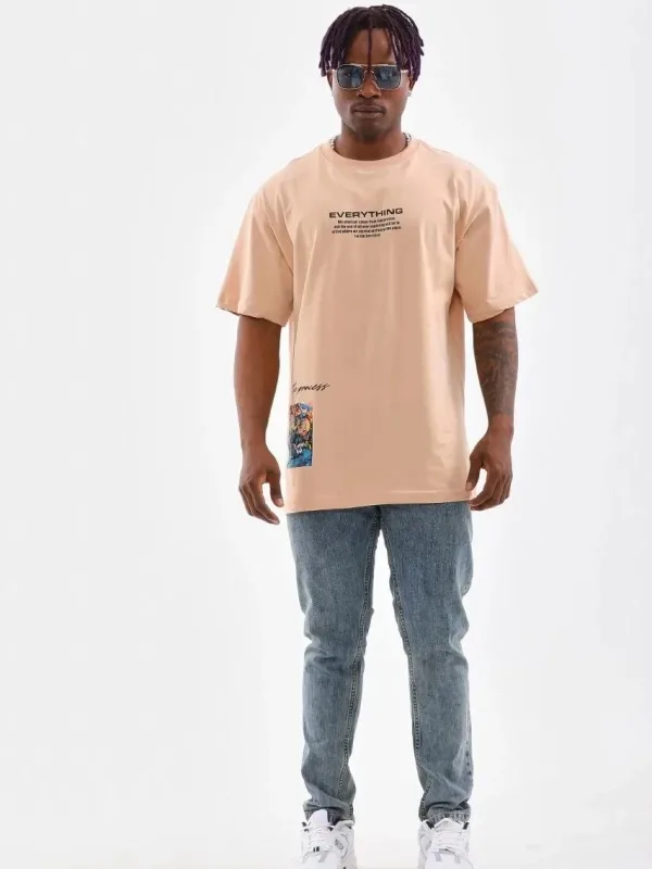 Tîşorta Bej a Oversize ya Bi Stûyê Bisîkletê û Çapkirî 5