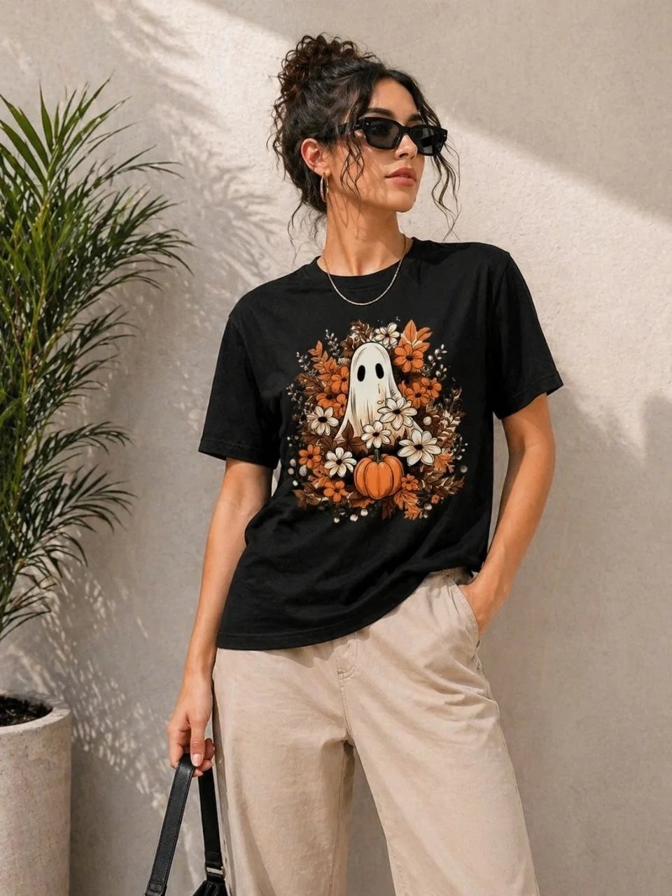 Γυναικείο Μαύρο Oversize Κολοκύθα Φάντασμα Τυπωμένο Μπλουζάκι