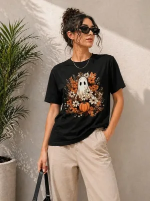 Γυναικείο Μαύρο Oversize Κολοκύθα Φάντασμα Τυπωμένο Μπλουζάκι