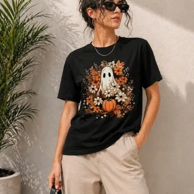Women's Black Oversize Pumpkin Ghost Printed T-Shirt 1