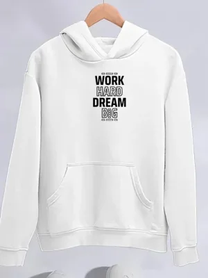 Damski Biały Oversize Kaptur Kieszeń Nadruk Bawełniany Sweatshirt
