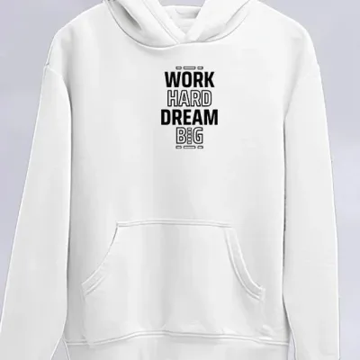 Damski Biały Oversize Kaptur Kieszeń Nadruk Bawełniany Sweatshirt 1