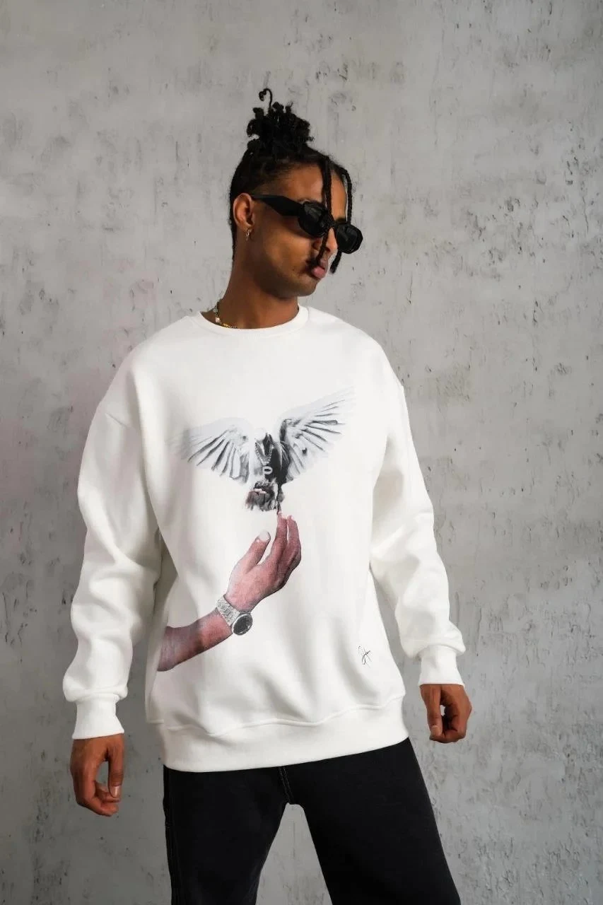 Férfi Fehér 3 Szálas Pamut Galamb Nyomott Kerékpárnyakú Sweatshirt
