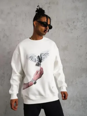 Férfi Fehér 3 Szálas Pamut Galamb Nyomott Kerékpárnyakú Sweatshirt