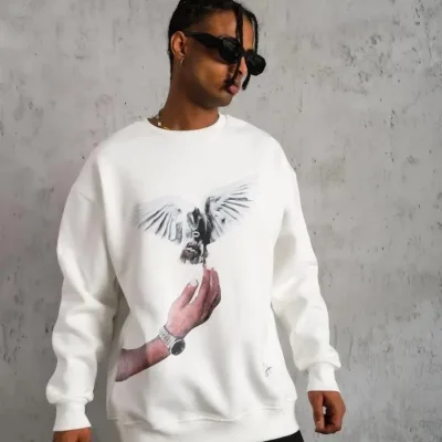 Férfi Fehér 3 Szálas Pamut Galamb Nyomott Kerékpárnyakú Sweatshirt 1