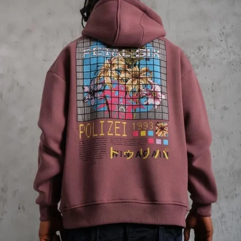 Men's Dusty Rose Oversize 3-Thread Cotton Printed Hooded Sweatshirt