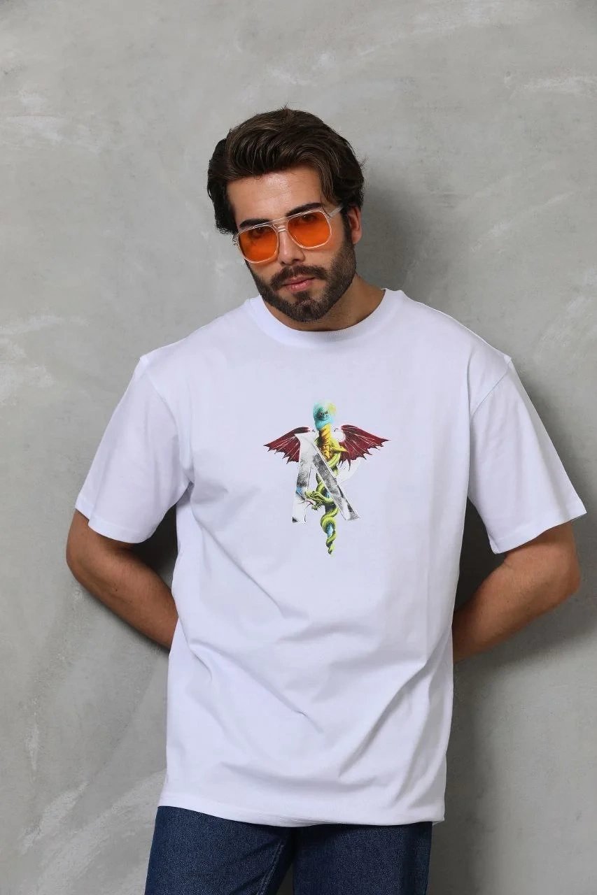 Λευκό Ανδρικό Regular Ποδήλατο Λαιμό Τυπωμένο T-shirt