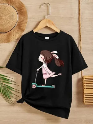 Djevojčica crni bisiklet vrat tiskani T-shirt